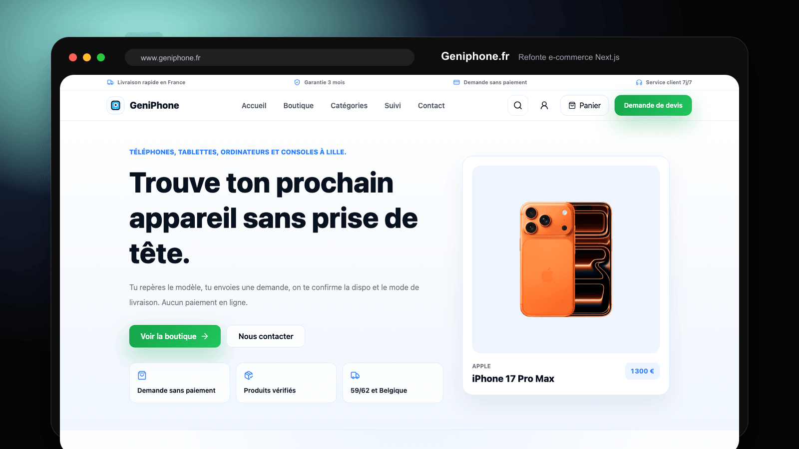 Site Geniphone : catalogue de produits tech et demande de devis