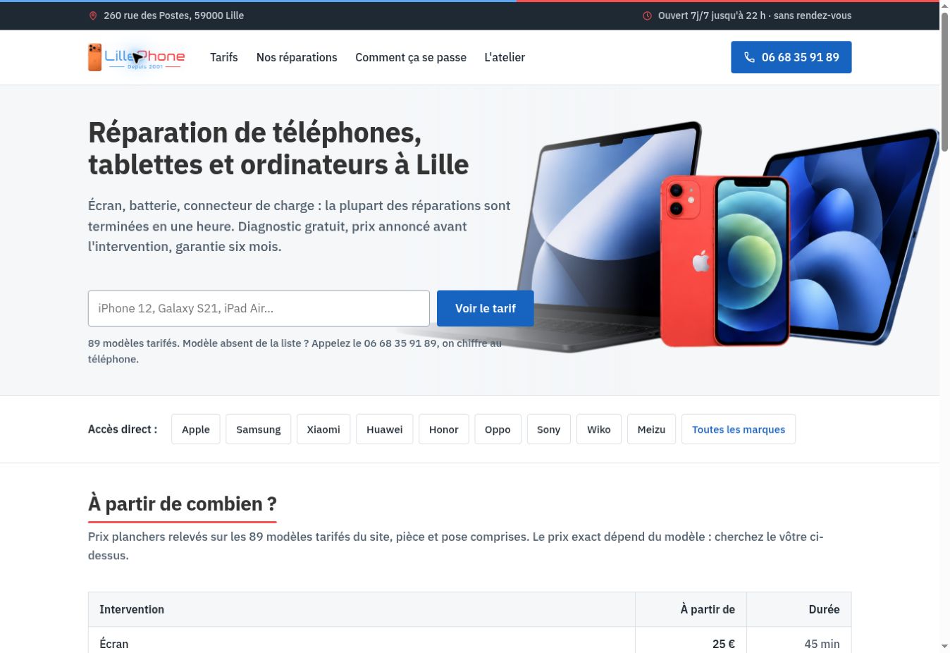 Page d’accueil du site Réparation Mobile LillePhone à Lille