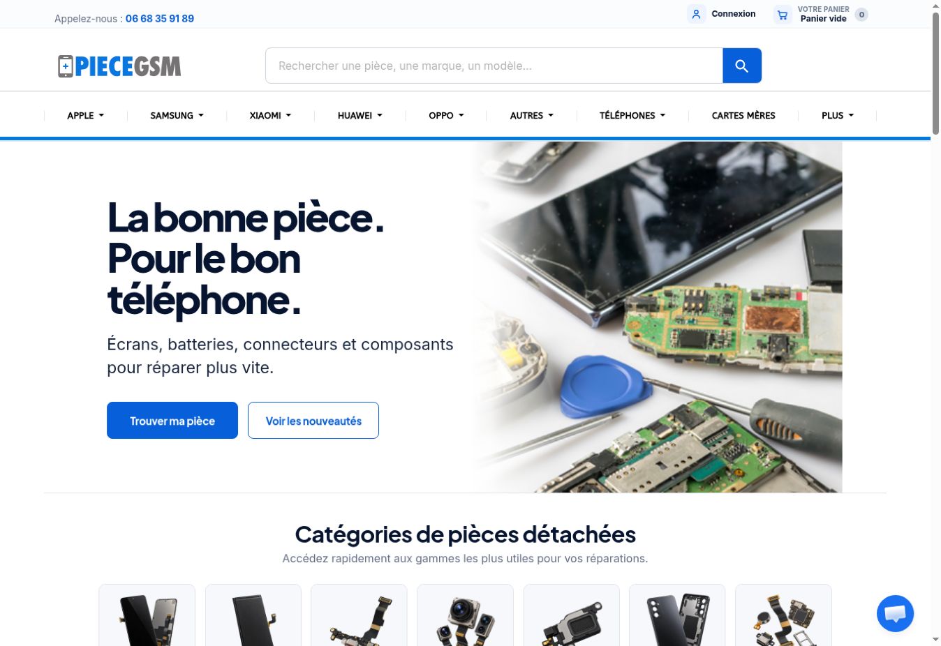Page d’accueil PieceGSM, boutique de pièces détachées pour smartphones